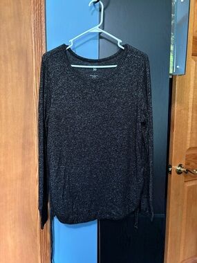 Heathered Black Crew Neck Long Sleeve Top With Tie-Up Sides